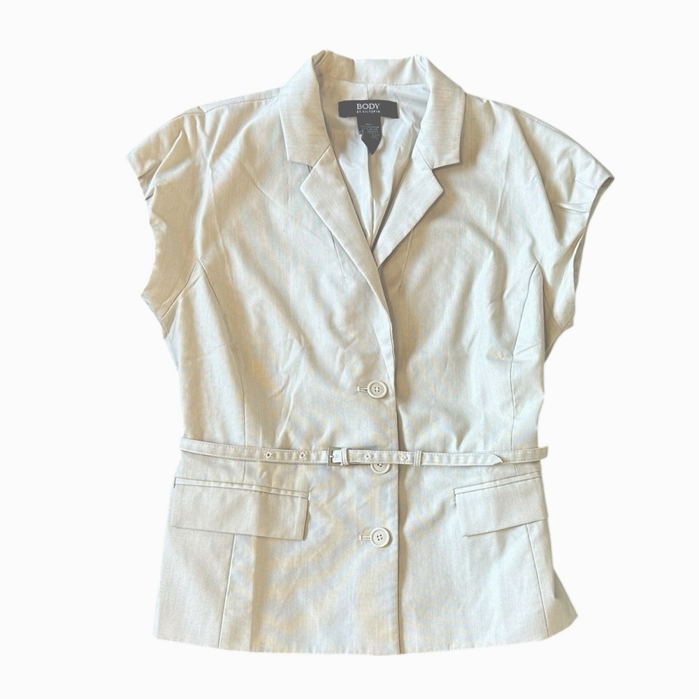 BODY by VICTORIA tan short sleeve button front belted blazer style top size 10 - Picture 1 of 6